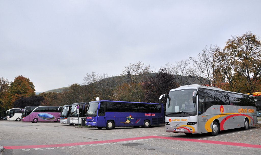 Buntes Busbild in Krems im Oktober 2012,rechts ein VOLVO 9700 von Optimal reisen aus �sterreich.