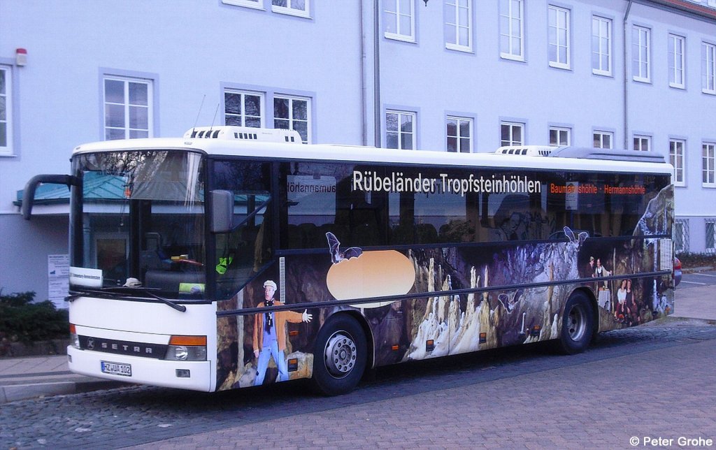 Setra Linienbus mit Werbung f�r die R�bel�nder Tropfsteinh�hlen, fotografiert am Bhf. Blankenburg im Harz am 26.11.2011