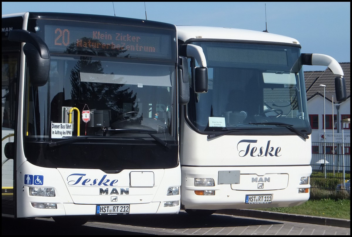 Die Fronten eines MAN Lion's City und MAN �L 363 vom Reiseienst Teske aus Deutschland in Sassnitz.