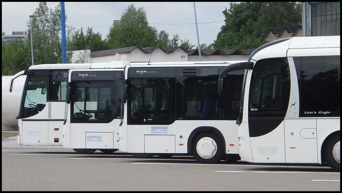 Fronten vom Setra 317 UL von K�stenbus, zwei mal MAN Lion's City von K�stenbus und MAN Lion's Regio von Hameister aus Deutschland in Rostock.