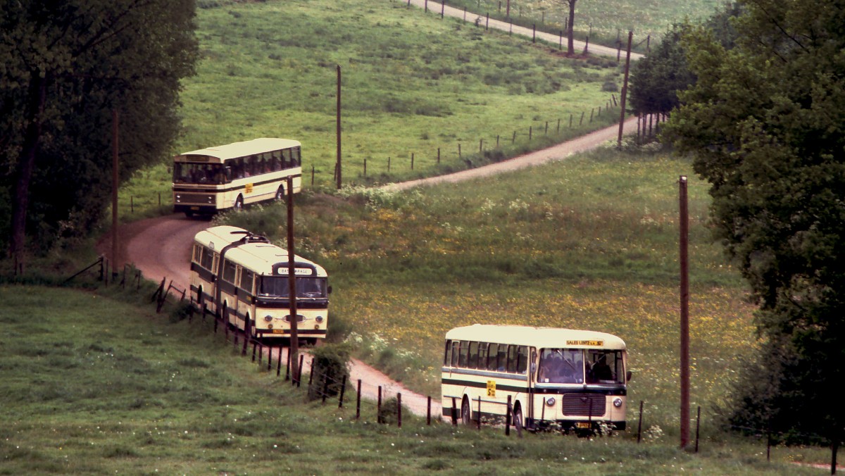 Luxemburg, Lamadelaine, Henschel HS 160 USL-G Gelenkbus zwischen zwei VanHool Bussen. Diese Busse bringen auf schmalen Wegen die Fahrg�ste der Museumsbahn Fond-de-Gras zum ehemaligen Terminus  Fuussb�sch . Scan eines Dias aus dem Jahr 1976. 