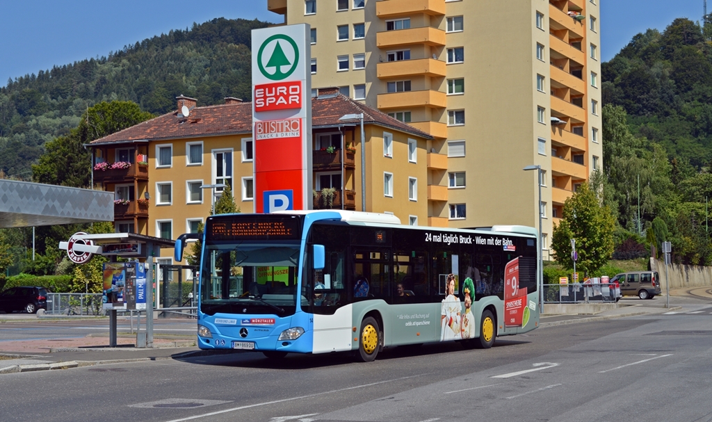 MVG Mürztaler Verkehr Citaro 2 Euro 6 WN 14 mit Österreichische Bundesbahnen (ÖBB) Sparschiene Werbung bei der Haltestelle Mürzbrücke.