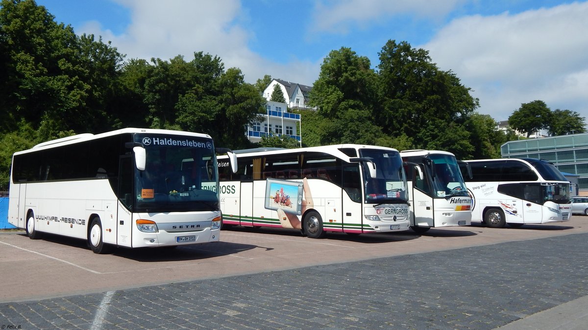 Setra 415 GT-HD von Hampel-Reisen aus Deutschland und Mercedes Tourismo von Gerngross aus Österreich und VDL Bova Futura von Hafermann und Neoplan Cityliner von Frey Reisen aus Deutschland im Stadthafen Sassnitz.