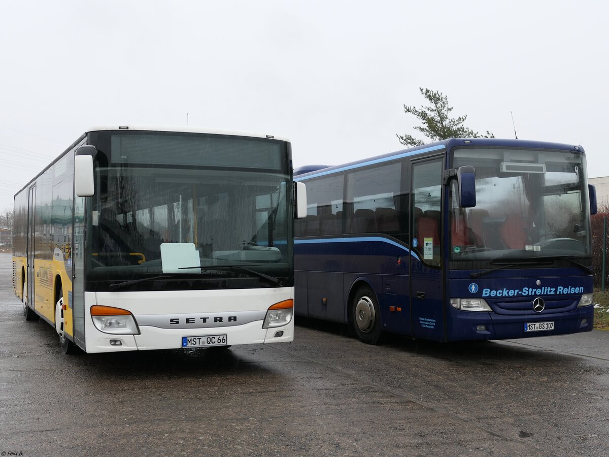 Setra 415 NF und Mercedes Tourismo RH von Becker-Strelitz Reisen aus Deutschland in Neubrandenburg.