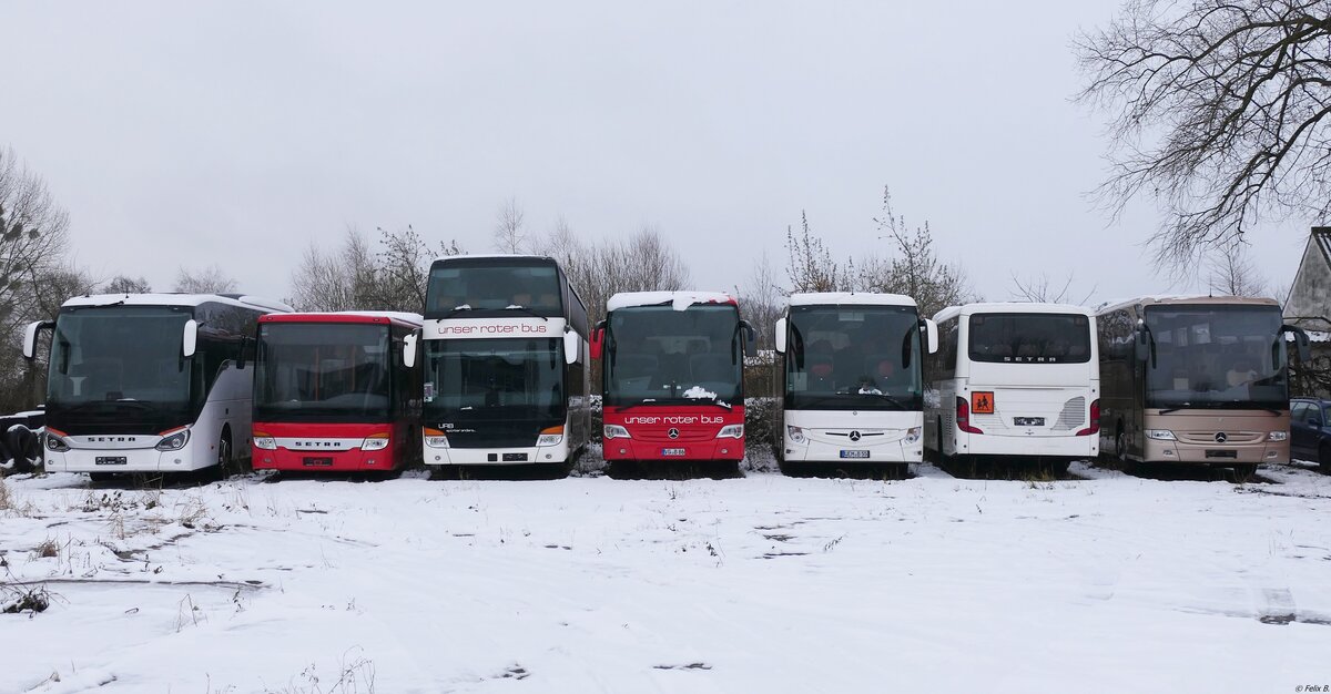 Setra 516 HD und Setra 415 LE Business und Setra 431 DT und Mercedes Travego und Mercedes Tourismo von URB und Mercedes Tourismo (ex Pommern-Touristik) aus Deutschland in Ueckermünde.