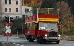 historischer Doppelstockbus MAN als S�chsisch-b�hmischer Nationalpark-Express, Frank Nuhn Freizeit und Tourismus K�nigstein, fotografiert am Bahn�bergang in Bad Schandau in der S�chsischen Schweiz am