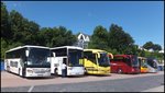 Setra 416 GT-HD von S�llner aus Deutschland und EOS von Aga-Bus aus Polen und Scania Irizar von CentrumTurist aus D�nemark und Mercedes Tourismo von Zwaluw Reizen aus den Niederlanden und Irisbus