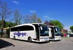 Mercedes Travego von Eibisberger Reisen aus �sterreich,dahinter ein Travego von Ettenhuber aus der BRD am 27.4.2015 in Krems.