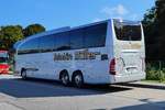 MB Travego Euro 6 vom Reiseb�ro M�LLER steht auf dem Busplatz von Burg/Fehmarn im September 2018