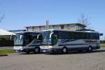 Zwei Setra Busse der Firma V�lkert, H�rstel - Riesenbeck auf R�gen,  hier an der Jasmund Therme am 13.05.2005.