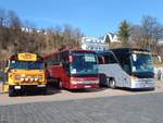 Chevrolet als Seebr�ckenexpress und Setra 416 GT-HD von WF-Reisen und Setra 417 HDH von Ehlers-Reisen aus Deutschland im Stadthafen Sassnitz.