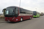 Neoplan Trendliner stand mit Werbung f�ir Die Mecklenburgische B�derbahn  Molli abgestellt in H�he Rostock Hauptbahnhof/S�d.03.04.2016